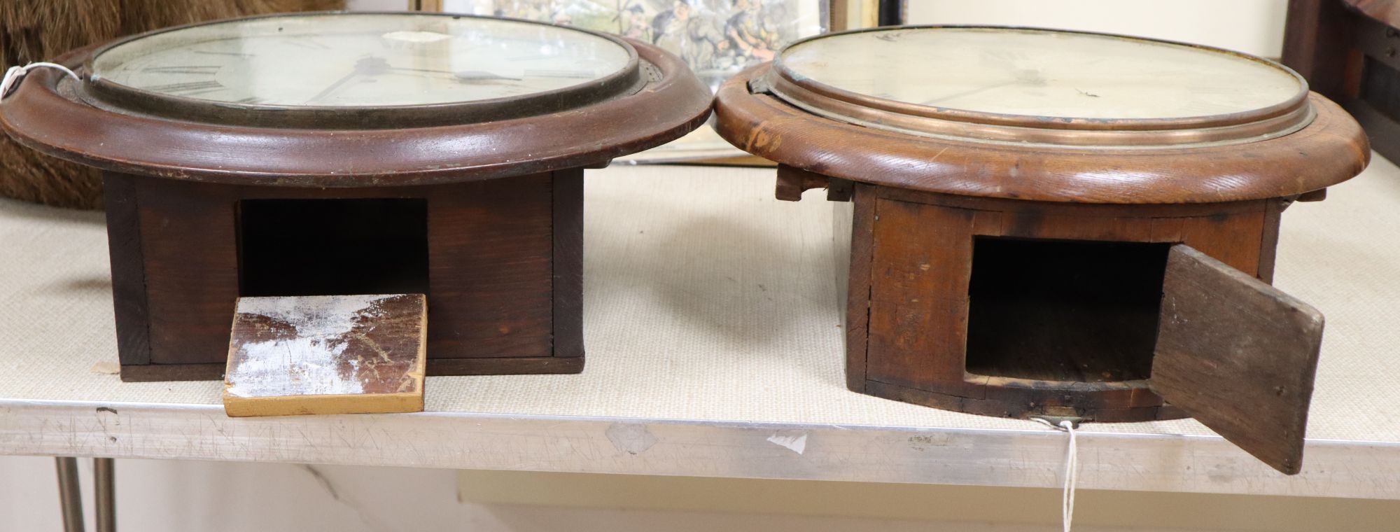 A Victorian pine dial wall clock with fusee movement and a similar clock with German movement, diameter 40cm